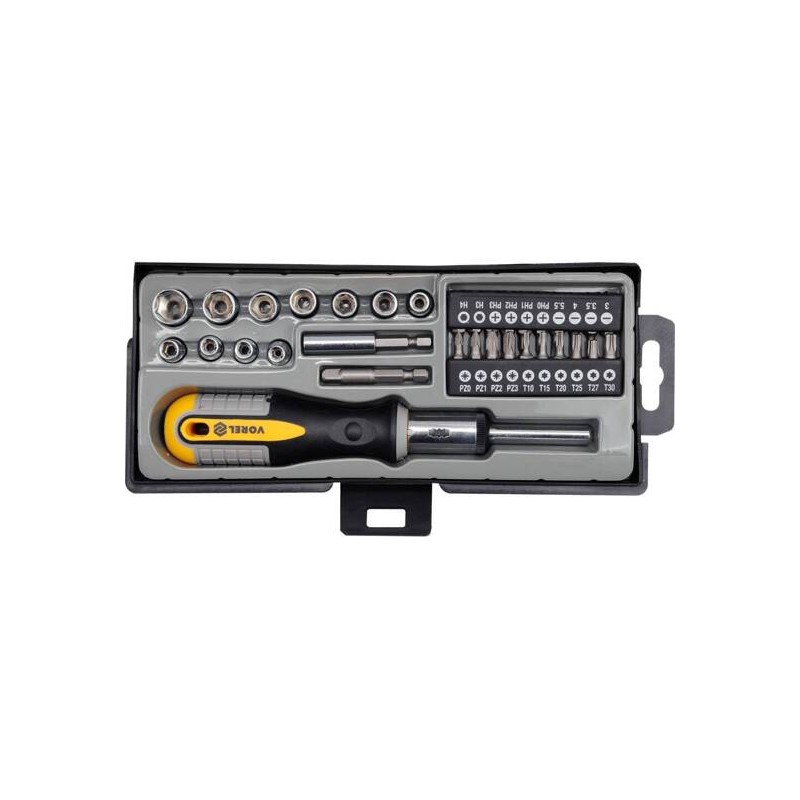 Vorel-64660 34pcs ratchet screwdriverwith bits and sockets set