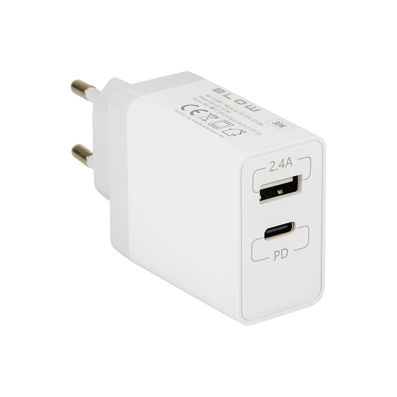 Mains charger with USB+USB-C socket 30W