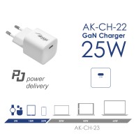 Ładowarka sieciowa Akyga AK-CH-22 25W USB-C PD GaN 5-12V / 2.08-3A biała