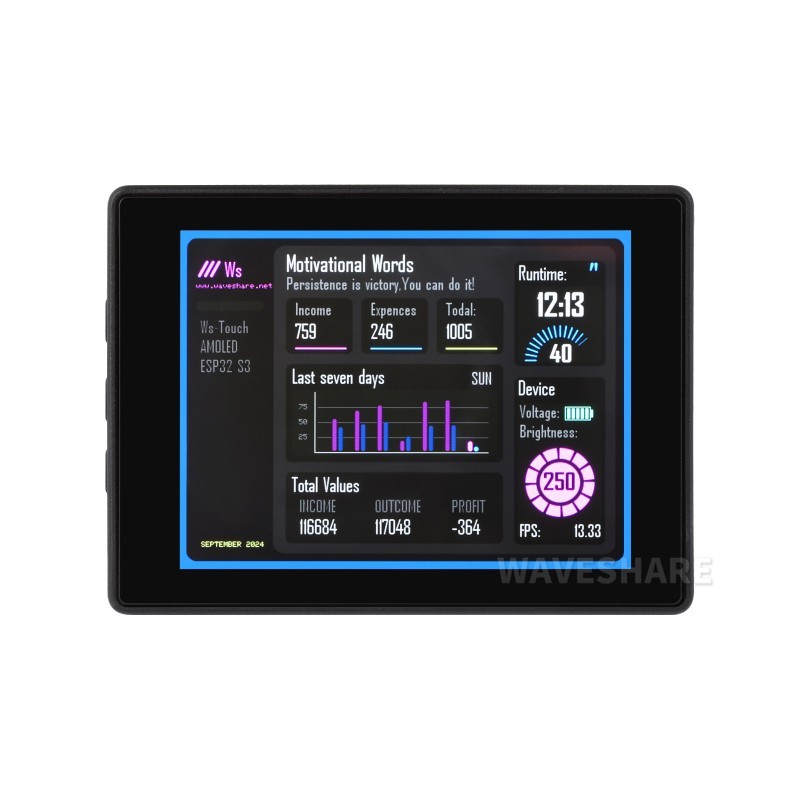 ESP32-S3 development board with 2.41″ AMOLED touch display 600x450 + case - Waveshare 30589