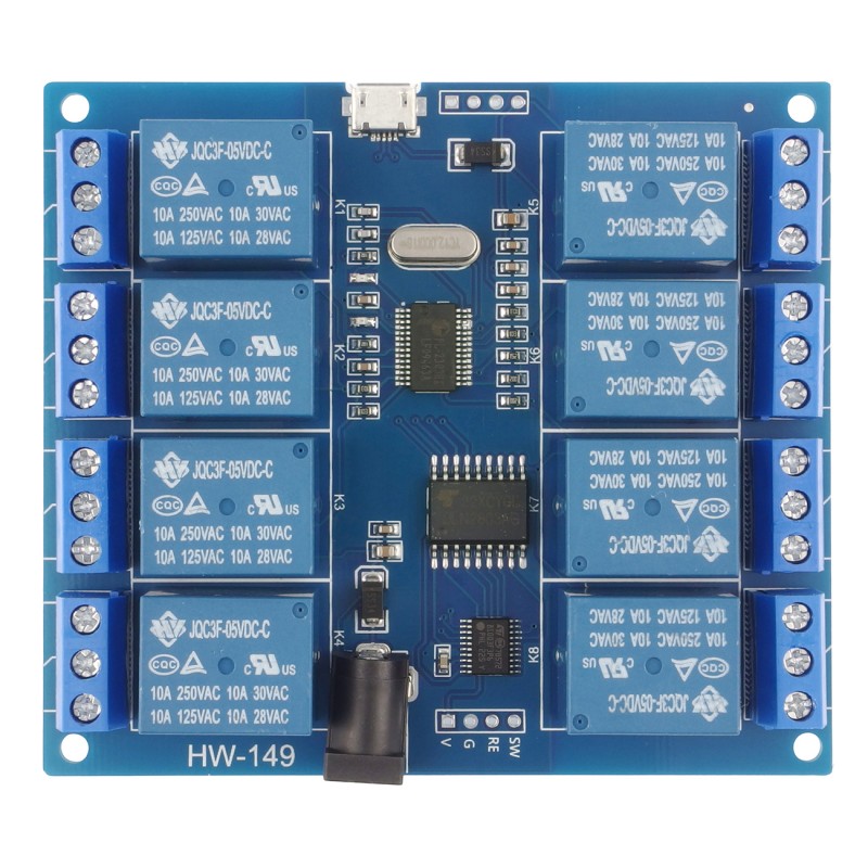 modRL08_uUSB - moduł mocy z ośmioma przekaźnikami 10A oraz UART/USB