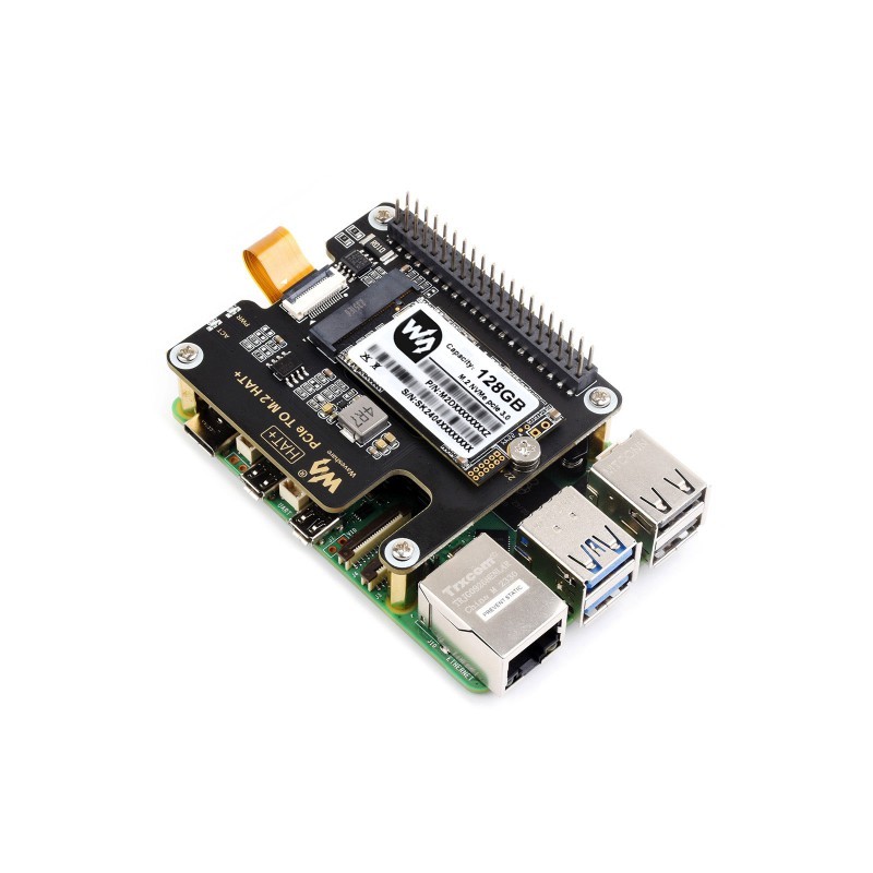 PCIe-to-M.2 NVMe SSD HAT+ adapter for Raspberry Pi 5 with 128 GB bootable drive - Waveshare 27522