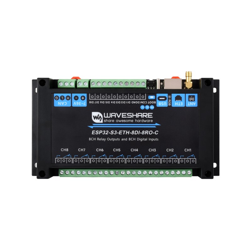 Модуль ESP32-S3-ETH-8DI-8RO (C) с 8 цифровыми входами, 8 реле, Ethernet, CAN, WiFi и...