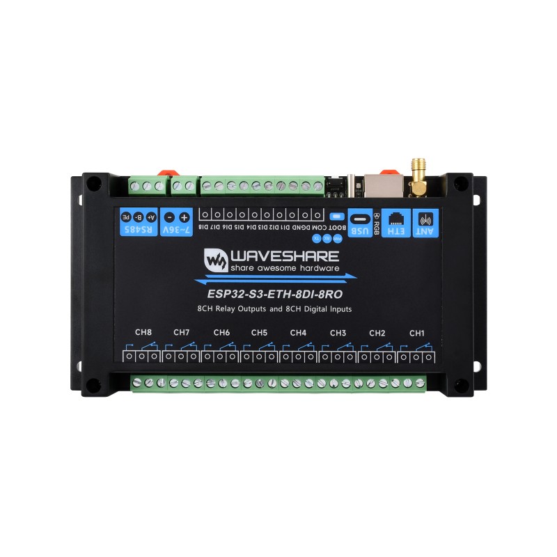Промисловий модуль ESP32-S3-ETH-8DI-8RO з Wi-Fi, 8 входами, 8 реле, RS485 та ізоляцією,...