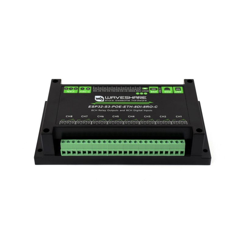 ESP32-S3-POE-ETH-8DI-8RO module (C) with 8 digital inputs, 8 relays, PoE, CAN, WiFi and Bluetooth - Waveshare 31284