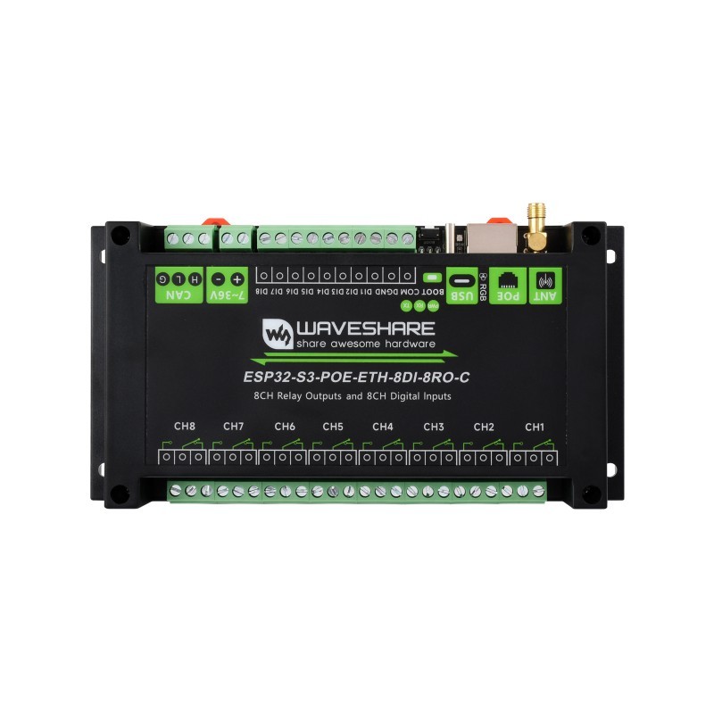 Модуль ESP32-S3-POE-ETH-8DI-8RO (C) з 8 цифровими входами, 8 реле, PoE, CAN, WiFi та...