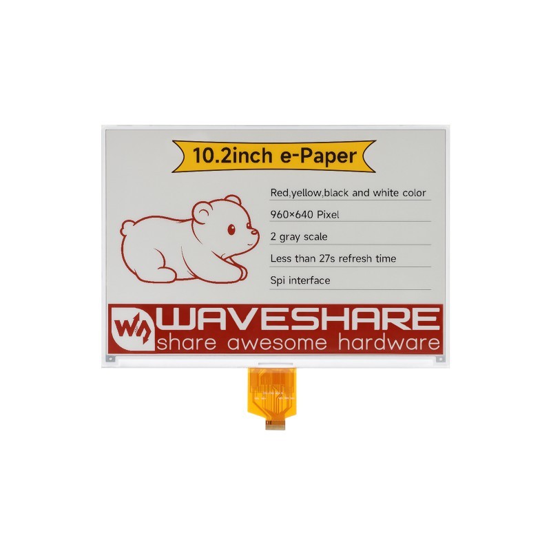 Wyświetlacz e‑Paper 10.2" (G) 960×640, czerwony/żółty/czarny/biały, SPI, E‑Ink - Waveshare 30914