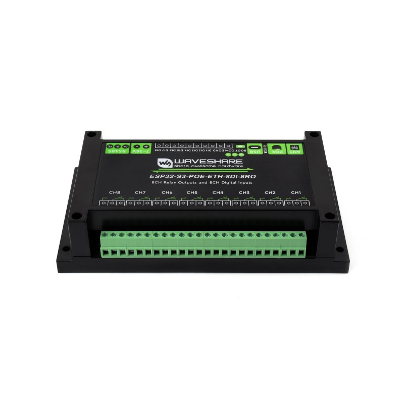 ESP32-S3-POE-ETH-8DI-8RO module with Wi‑Fi/Bluetooth, PoE, 8 inputs, 8 relays, RS485, isolation - Waveshare 30838