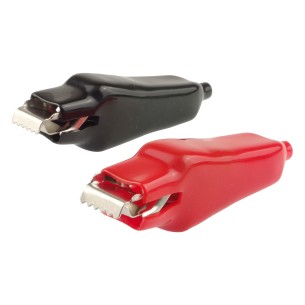 A pair of crocodile clip connectors, black + red conCroc