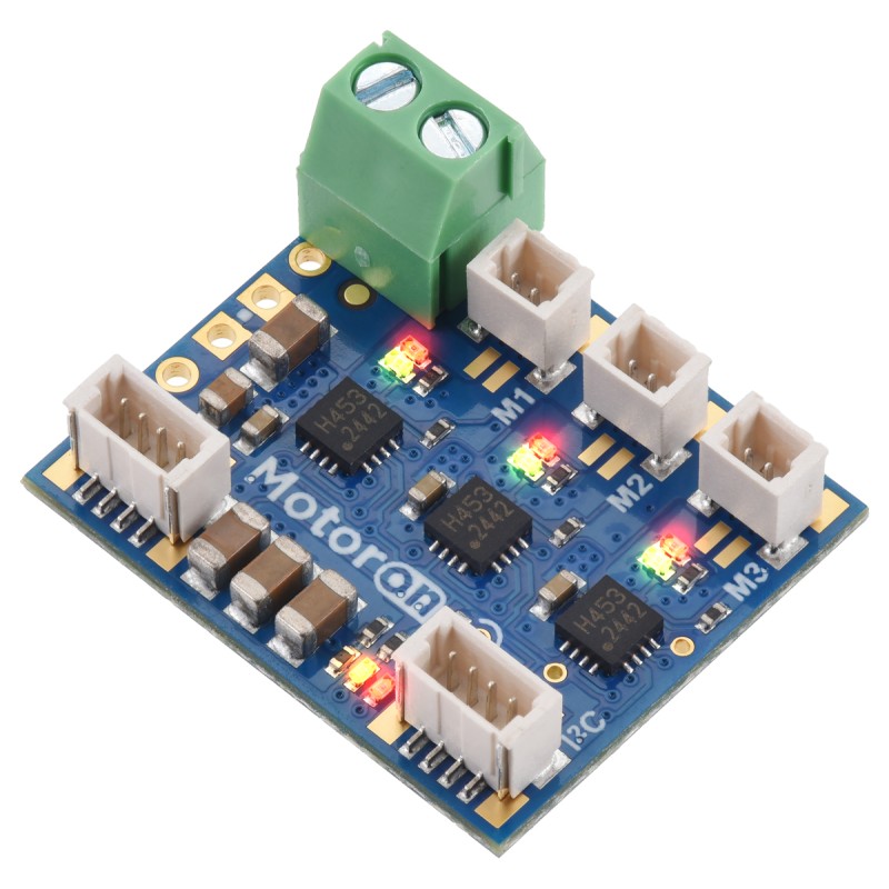Pinout of the Motoron M3T453 Triple I²C Motor Controller with JST SH-Style Connectors and VIN Terminal Block.