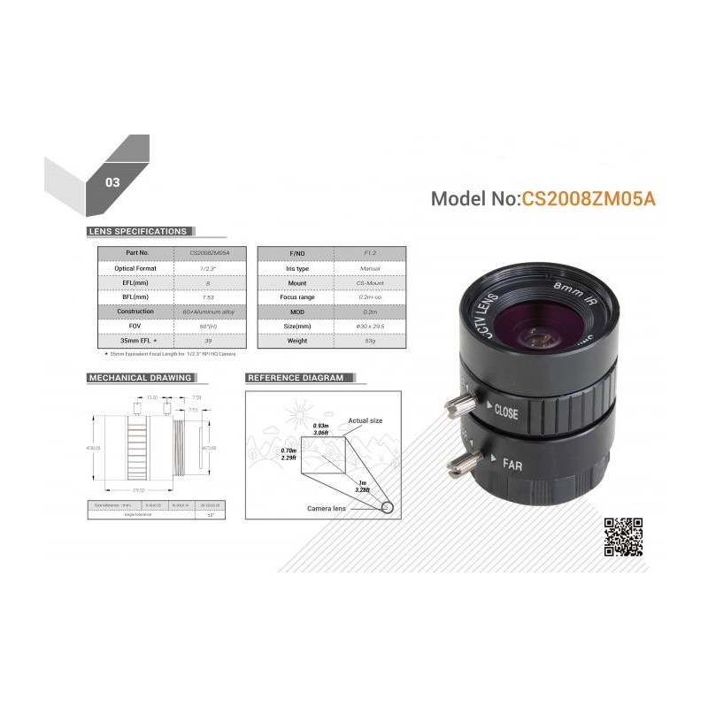 CS2008ZM05A - об'єктив CS-Mount 8 мм для камери Raspberry Pi HQ