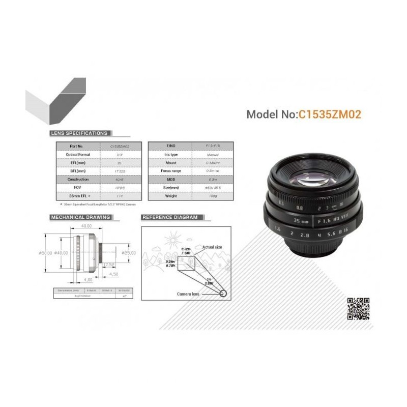 C1535ZM02 – 35-міліметровий бездзеркальний об’єктив із байонетом C і адаптером C-CS для камери Raspberry Pi HQ