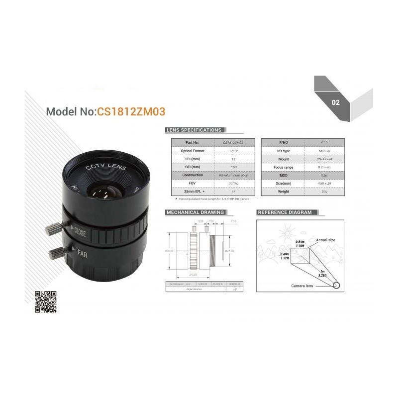 CS1812ZM03 - 12-миллиметровый объектив с креплением CS для камеры Raspberry Pi HQ