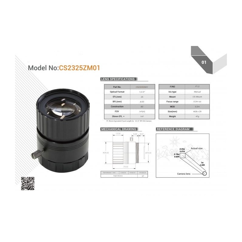 CS2325ZM01 - 25-миллиметровый объектив с креплением CS для камеры Raspberry Pi HQ