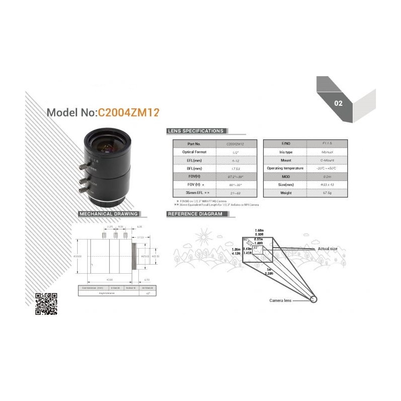 C2004ZM12 — об’єктив C-Mount 4-12 мм із адаптером C-CS для камери Raspberry Pi HQ