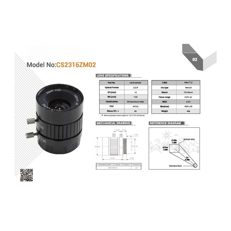 CS2316ZM02 - 16-миллиметровый CS-объектив для камеры Raspberry Pi HQ