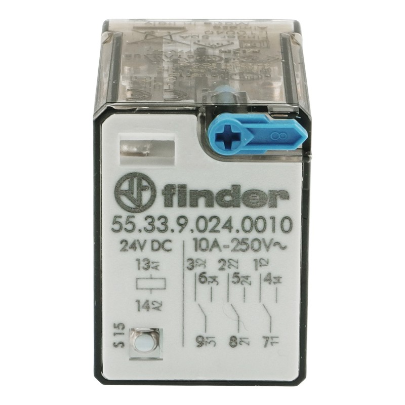Промислове реле 3PDT 10A 24V DC, тестова кнопка - Finder 55.33.9.024.0010