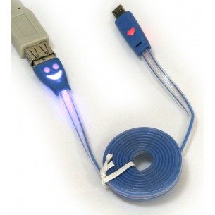 USB A cable - micro-USB B, 1m, white-blue, blue illuminated plugs