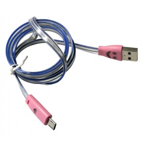 Kabel USB A - micro-USB B, 1m, biało-niebieski, różowe podświetlane wtyki