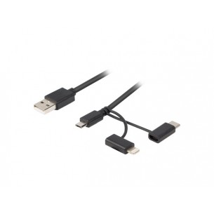 Przewód USB-A microUSB z przejściówkami Lightning USB-C 1,8m czarny (tylko ładowanie)