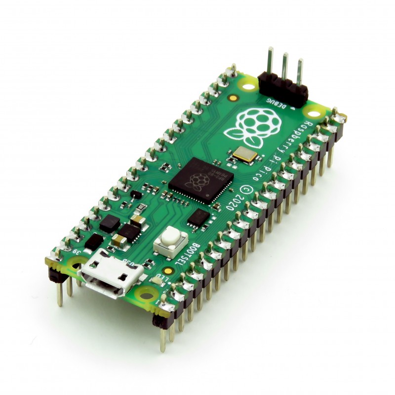 Raspberry Pi Pico with headers mounted - board with Raspberry Silicon RP2040 microcontroller