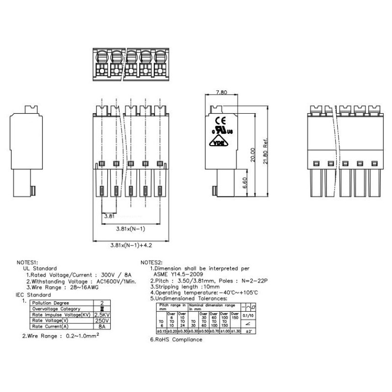 2EDGKN-3.81-2P - 2pin female spring terminal block, pitch 3.81mm ...