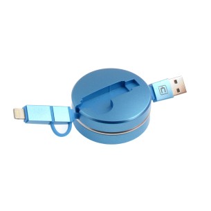 USB A / micro USB B cable with iPhone Lightning adapter - Blue