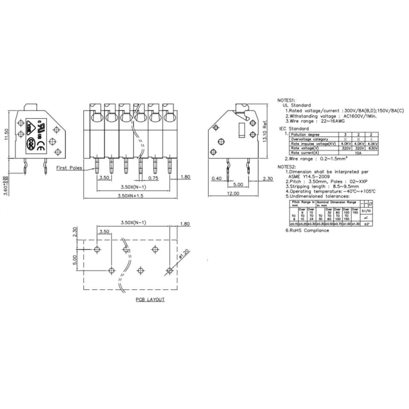 250-3.5-11P-11-00A(H) - 11-контактний пружинний клемний з'єднувач 3,5 мм - 5 шт.