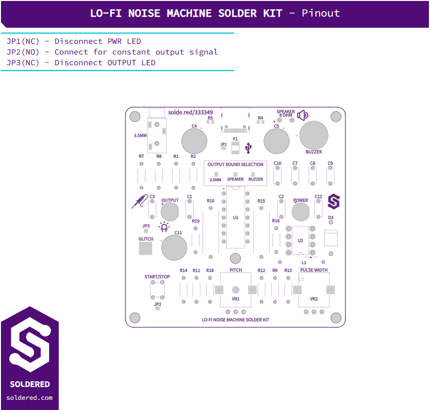Soldered Lo-Fi Noise Machine Solder Kit - component layout and pinout