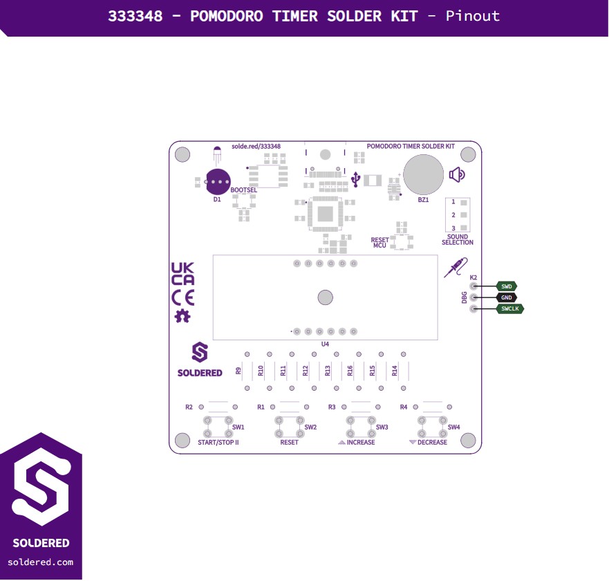 Soldered Pomodoro Timer Solder Kit - component layout and pinout
